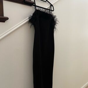 Elegant Anthropology Black Feather-Trimmed Dress. Adjustable spaghetti straps.